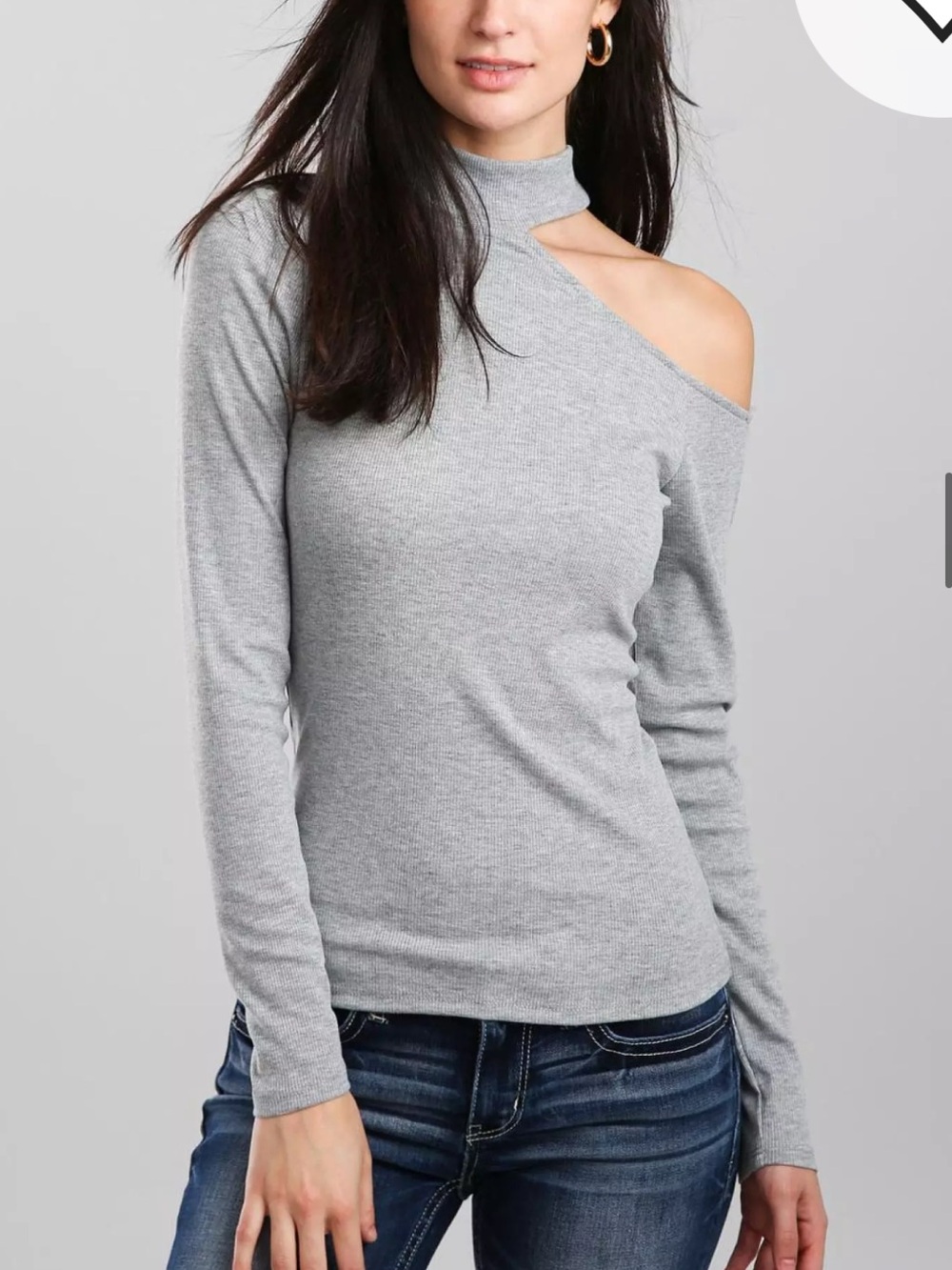 RED BY BKE Women’s One-Shoulder Cutout Mocked NECK Ribbed Top - Gray